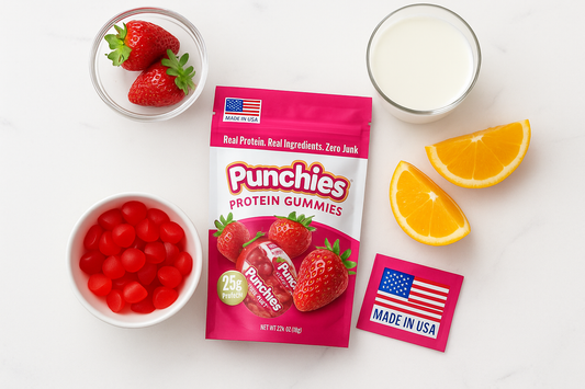 A pouch of Punchies Protein Gummies with a “Made in USA” label sits on a bright kitchen counter, surrounded by fresh strawberries, a small American flag, and natural ingredients, highlighting clean-label, American-made kids’ snacks.