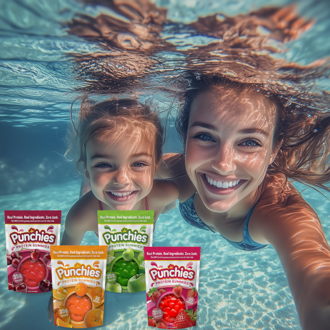 mom and daughter swimming with punchies gummies