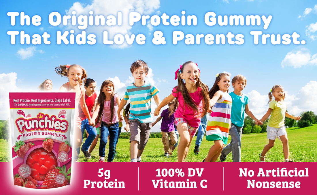 kids running around with punchies protein gummies