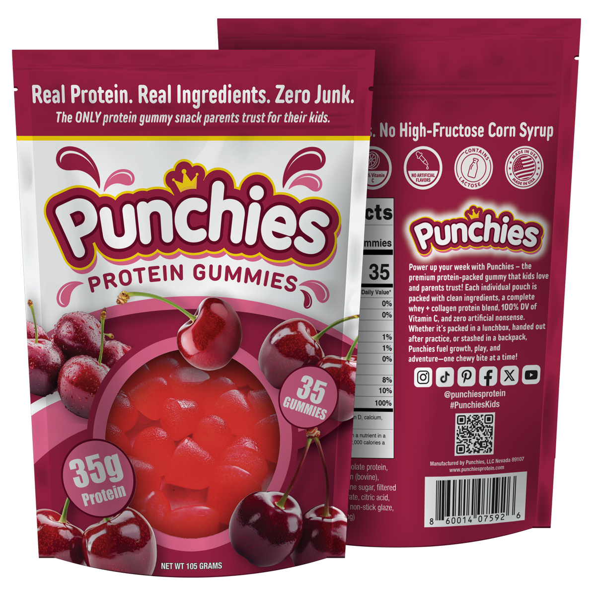 Punchies Protein Gummies packaging with cherry illustration on a white background