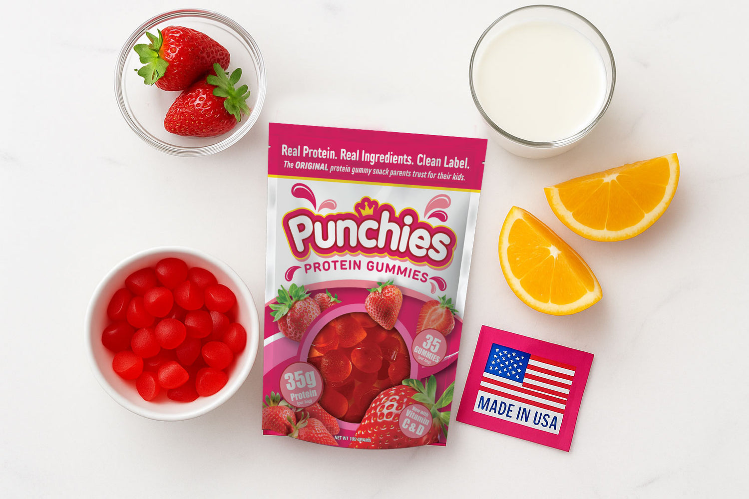 punchies protein gummies with milk, strawberry, orange, and American flag