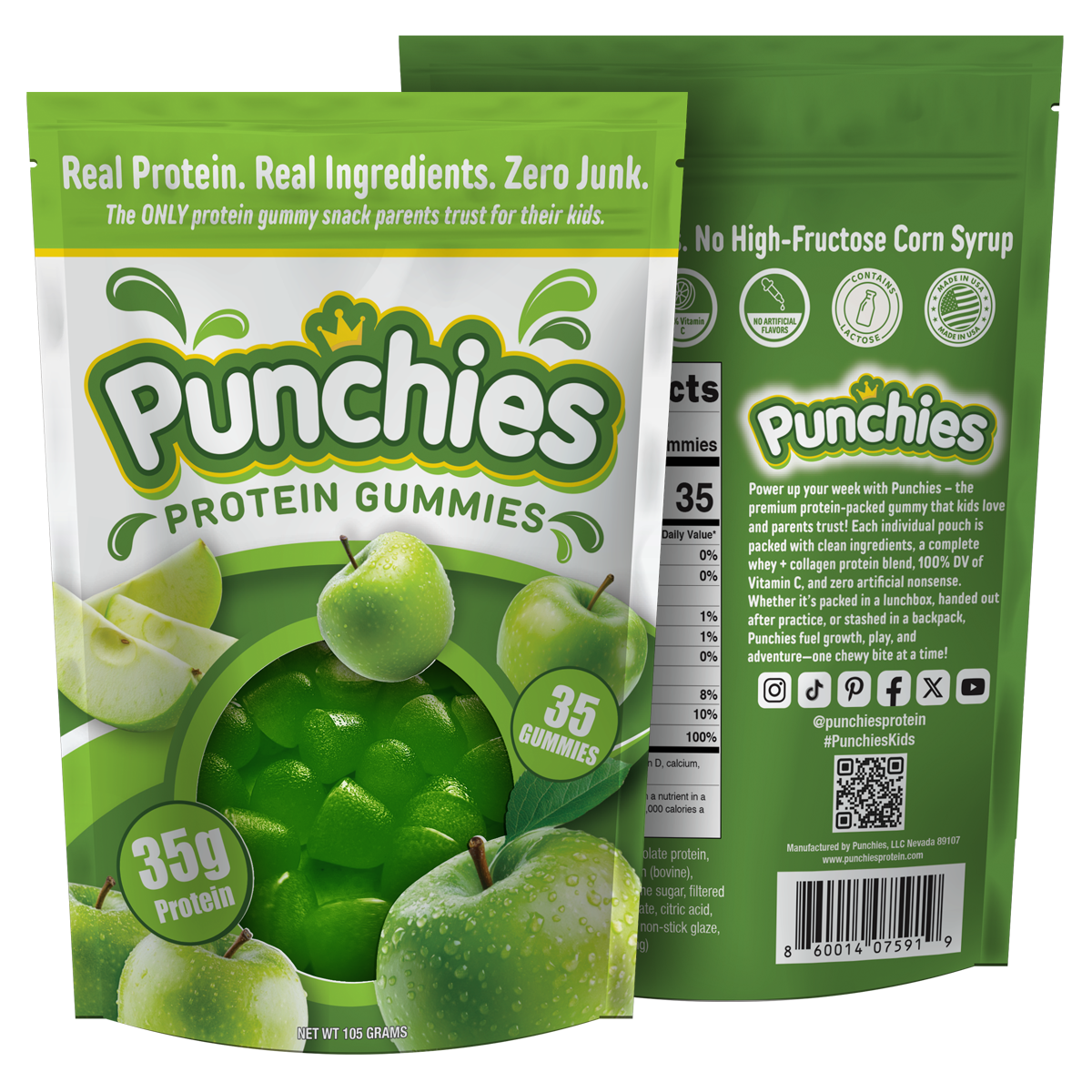 Punchies Protein Gummies packaging with green apples and brand details.