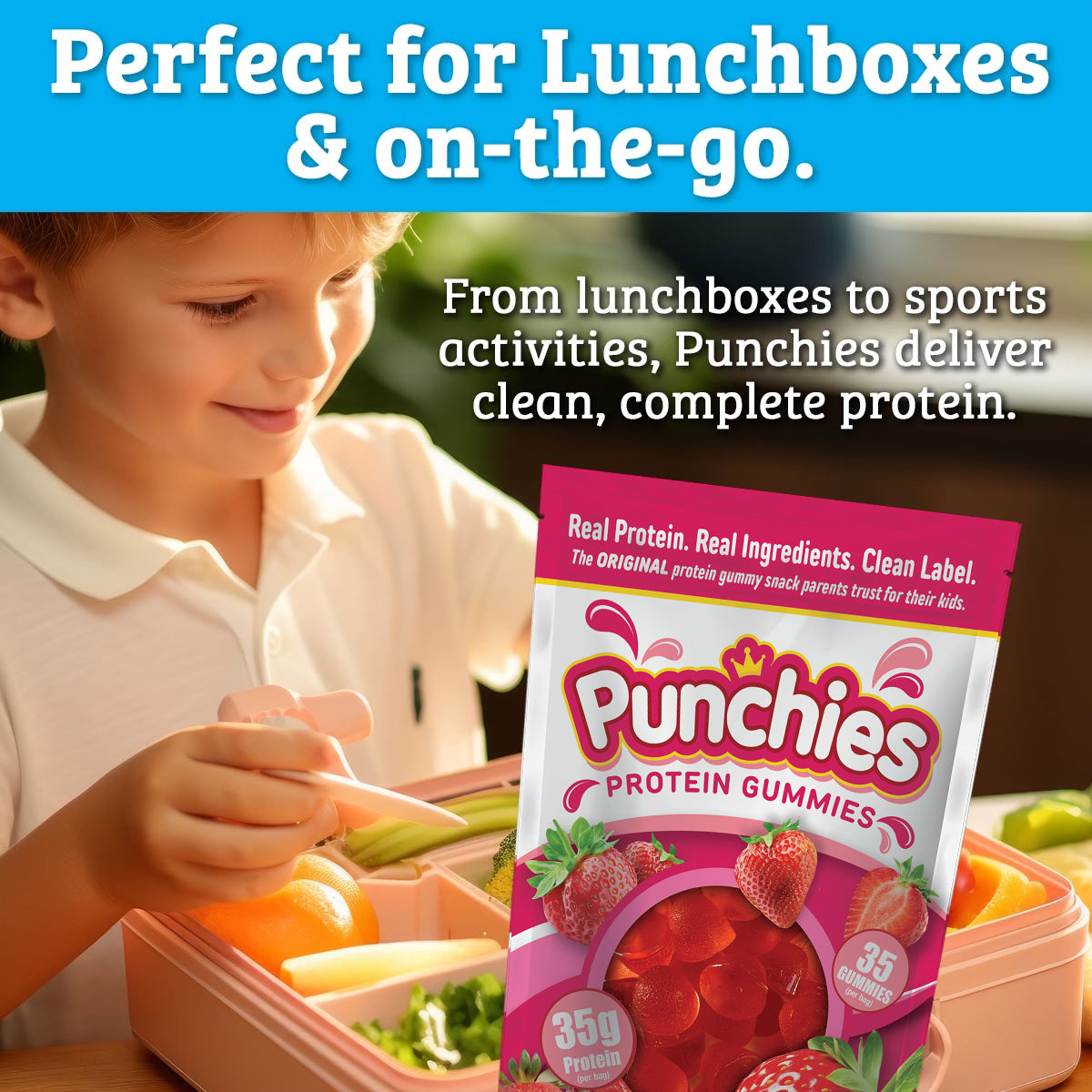 kid with lunchbox and punchies protein gummies