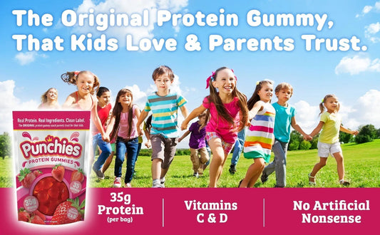 punchies original protein gummy with kids playing