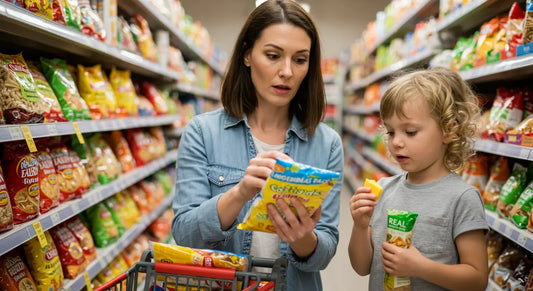 A parent and child in a grocery store compare a brightly packaged snack full of artificial ingredients to a bowl of natural, organic snacks, emphasizing the choice between artificial additives and clean-label options.