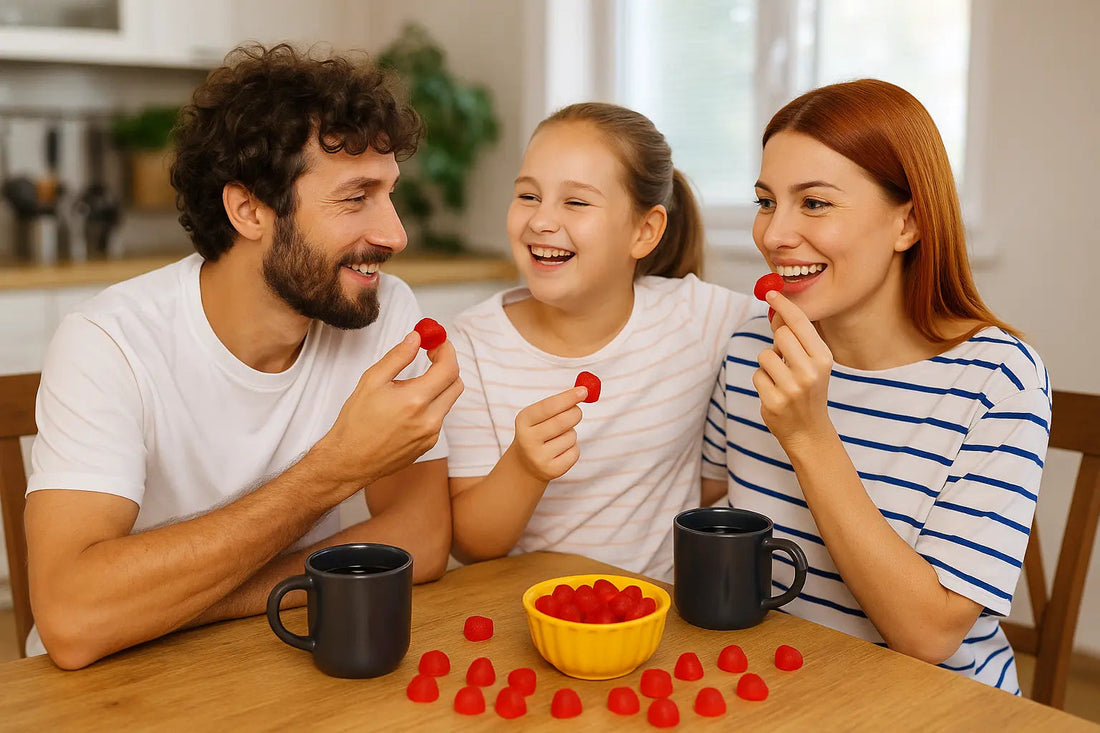 family enjoying protein gummies for kids
