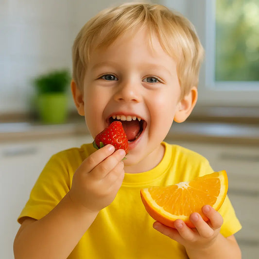 Smiling young boy in a yellow shirt happily eating a fresh strawberry and holding a slice of orange, symbolizing vitamin C-rich foods for children's health.