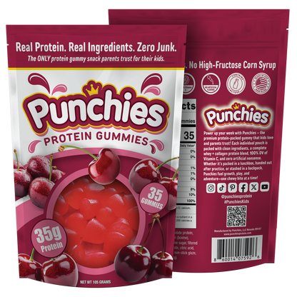 Punchies Protein Gummies packaging with cherry illustration on a white background