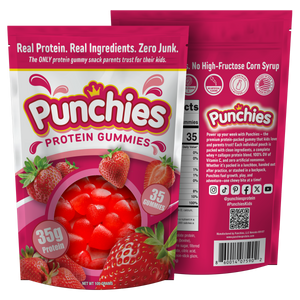 Punchies Protein Gummies packaging with strawberry flavor showing strawberries up close