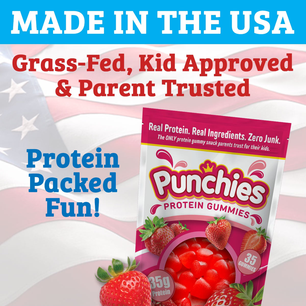 Punchies Protein Gummies packaging with American flag in the background punchies are made in the usa grass-red, kids approved and parent trusted protein gummie 