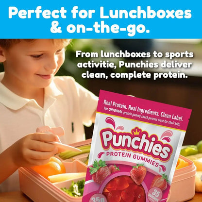 kid with lunchbox and punchies protein gummies
