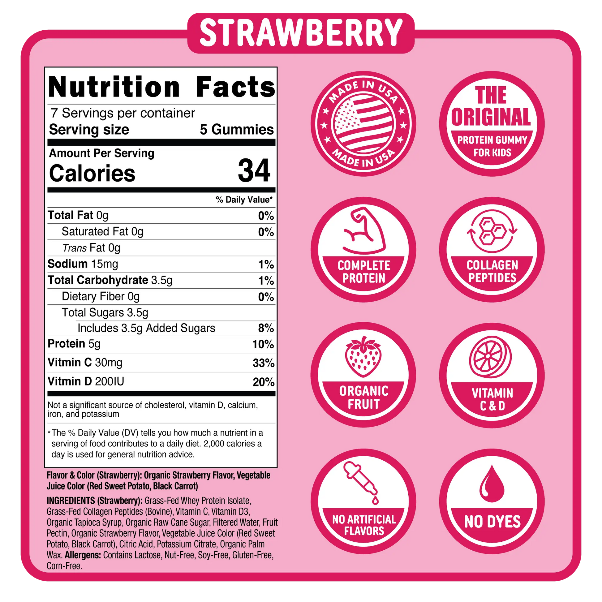 Punchies Protein Gummies for Kids | Whey, Collagen, Vitamin D, Vitamin C | Strawberry Punchies