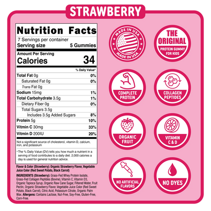 Punchies Protein Gummies for Kids | Whey, Collagen, Vitamin D, Vitamin C | Strawberry Punchies