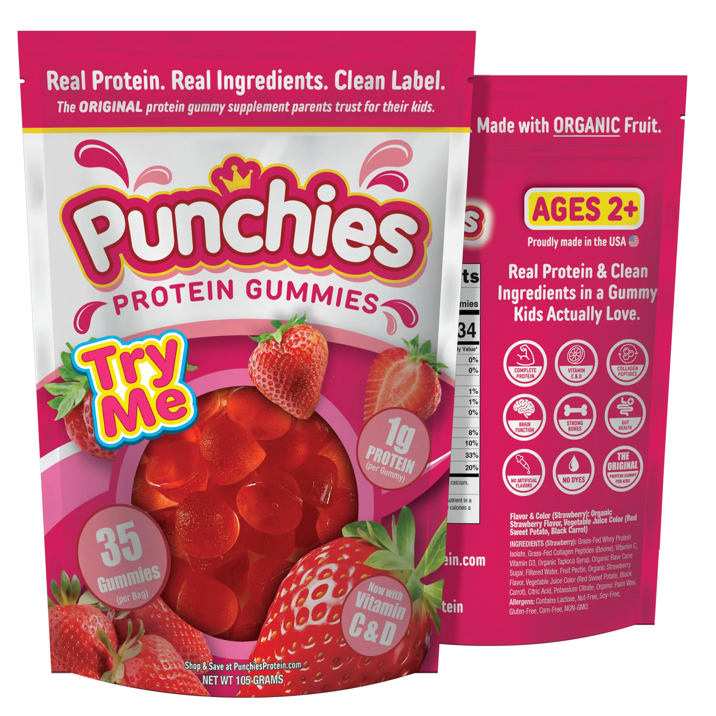 Punchies Protein Gummies for Kids | Whey, Collagen, Vitamin D, Vitamin C | Strawberry Punchies
