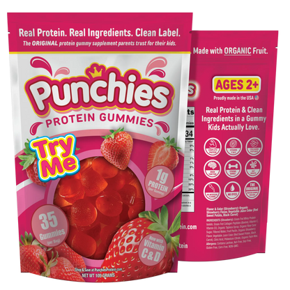 Punchies Protein Gummies for Kids | Whey, Collagen, Vitamin D, Vitamin C | Strawberry Punchies