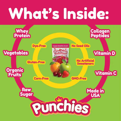 Punchies Protein Gummies for Kids | Whey, Collagen, Vitamin D, Vitamin C | Strawberry Punchies